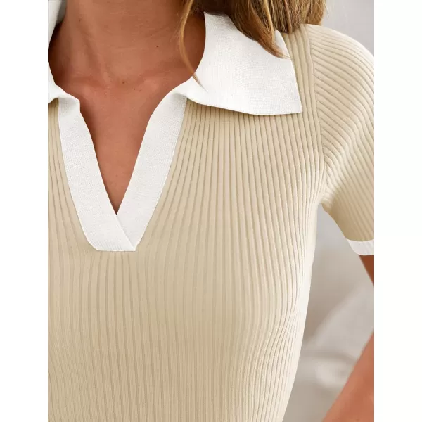 imageZESICA Womens Short Sleeve V Neck T Shirts 2024 Summer Ribbed Knit Slim Fitted Basic Solid Color Tee TopsApricot