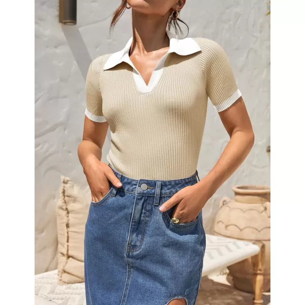 imageZESICA Womens Short Sleeve V Neck T Shirts 2024 Summer Ribbed Knit Slim Fitted Basic Solid Color Tee TopsApricot