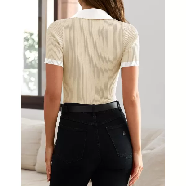 imageZESICA Womens Short Sleeve V Neck T Shirts 2024 Summer Ribbed Knit Slim Fitted Basic Solid Color Tee TopsApricot