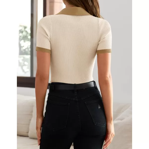 imageZESICA Womens Short Sleeve V Neck T Shirts 2024 Summer Ribbed Knit Slim Fitted Basic Solid Color Tee TopsBeige