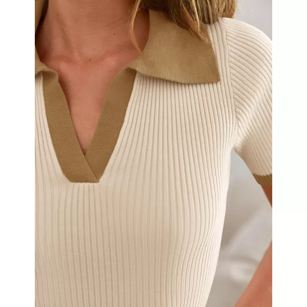 imageZESICA Womens Short Sleeve V Neck T Shirts 2024 Summer Ribbed Knit Slim Fitted Basic Solid Color Tee TopsBeige