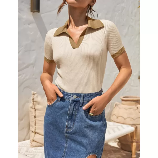 imageZESICA Womens Short Sleeve V Neck T Shirts 2024 Summer Ribbed Knit Slim Fitted Basic Solid Color Tee TopsBeige