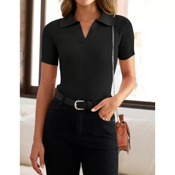 imageZESICA Womens Short Sleeve V Neck T Shirts 2024 Summer Ribbed Knit Slim Fitted Basic Solid Color Tee TopsBlack