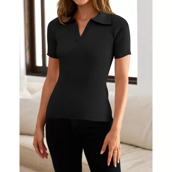 imageZESICA Womens Short Sleeve V Neck T Shirts 2024 Summer Ribbed Knit Slim Fitted Basic Solid Color Tee TopsBlack