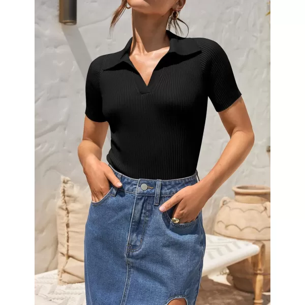 imageZESICA Womens Short Sleeve V Neck T Shirts 2024 Summer Ribbed Knit Slim Fitted Basic Solid Color Tee TopsBlack