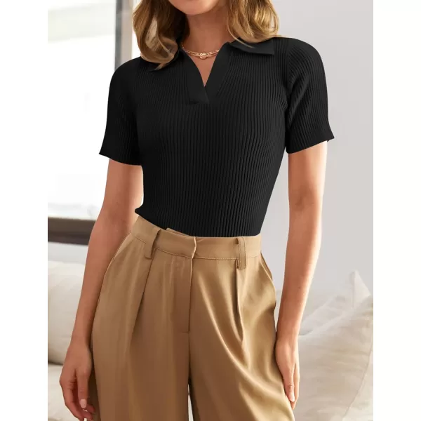 imageZESICA Womens Short Sleeve V Neck T Shirts 2024 Summer Ribbed Knit Slim Fitted Basic Solid Color Tee TopsBlack