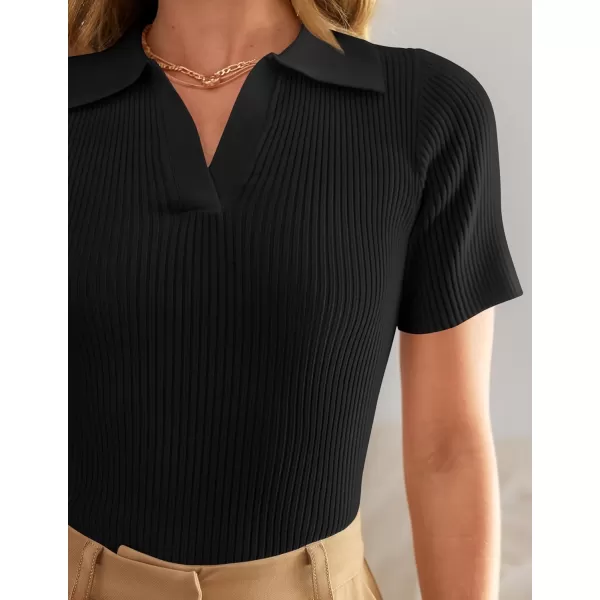 imageZESICA Womens Short Sleeve V Neck T Shirts 2024 Summer Ribbed Knit Slim Fitted Basic Solid Color Tee TopsBlack