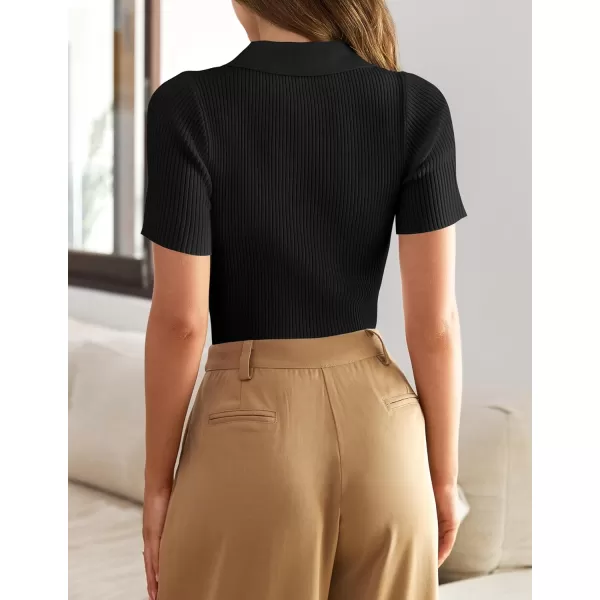 imageZESICA Womens Short Sleeve V Neck T Shirts 2024 Summer Ribbed Knit Slim Fitted Basic Solid Color Tee TopsBlack