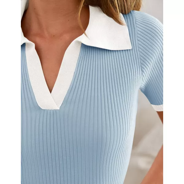 imageZESICA Womens Short Sleeve V Neck T Shirts 2024 Summer Ribbed Knit Slim Fitted Basic Solid Color Tee TopsBlue