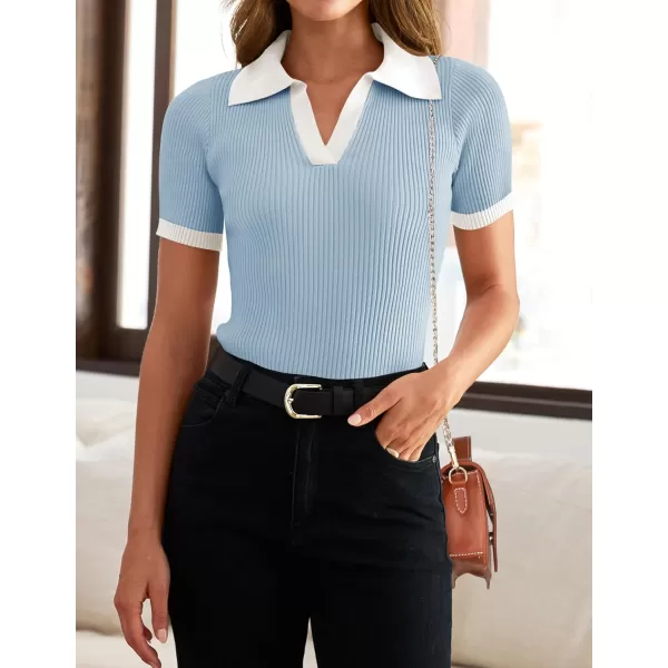 imageZESICA Womens Short Sleeve V Neck T Shirts 2024 Summer Ribbed Knit Slim Fitted Basic Solid Color Tee TopsBlue