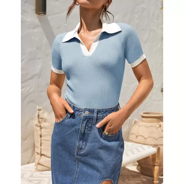 imageZESICA Womens Short Sleeve V Neck T Shirts 2024 Summer Ribbed Knit Slim Fitted Basic Solid Color Tee TopsBlue