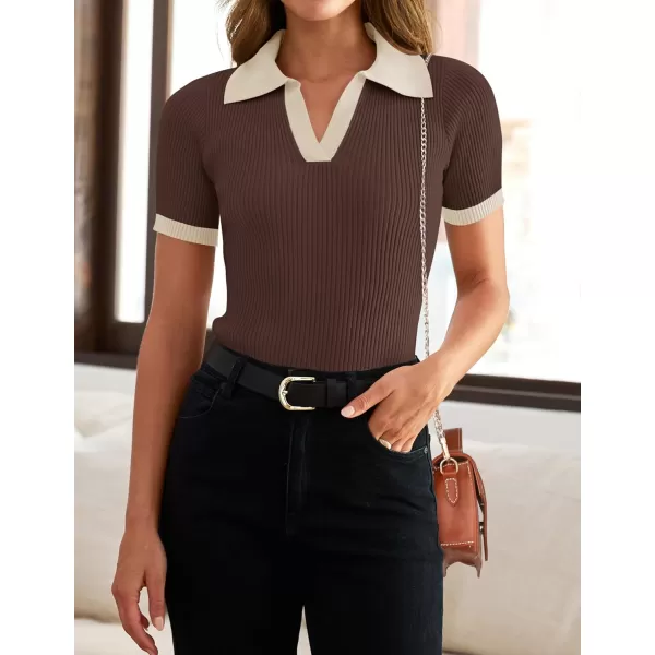 imageZESICA Womens Short Sleeve V Neck T Shirts 2024 Summer Ribbed Knit Slim Fitted Basic Solid Color Tee TopsCoffee