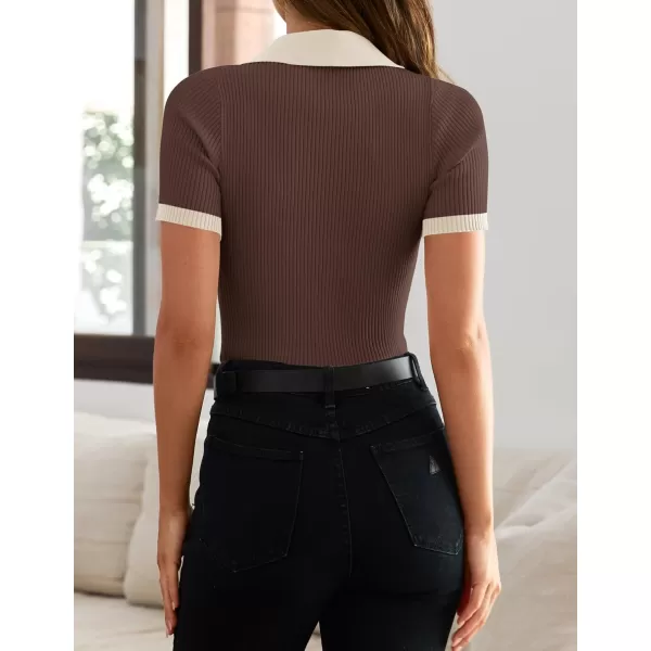 imageZESICA Womens Short Sleeve V Neck T Shirts 2024 Summer Ribbed Knit Slim Fitted Basic Solid Color Tee TopsCoffee