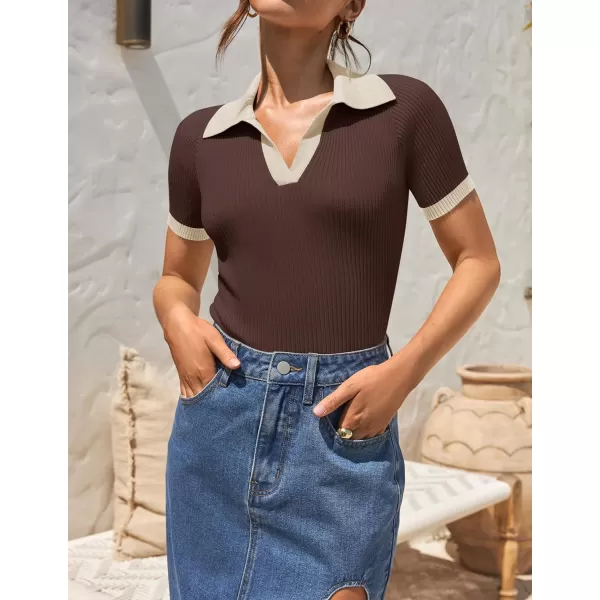 imageZESICA Womens Short Sleeve V Neck T Shirts 2024 Summer Ribbed Knit Slim Fitted Basic Solid Color Tee TopsCoffee