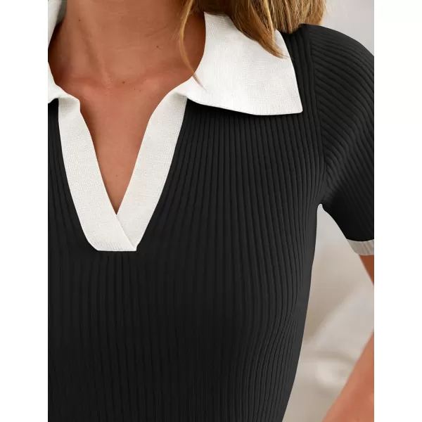 imageZESICA Womens Short Sleeve V Neck T Shirts 2024 Summer Ribbed Knit Slim Fitted Basic Solid Color Tee TopsDim