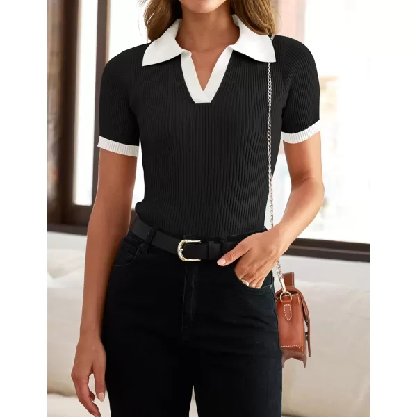 imageZESICA Womens Short Sleeve V Neck T Shirts 2024 Summer Ribbed Knit Slim Fitted Basic Solid Color Tee TopsDim