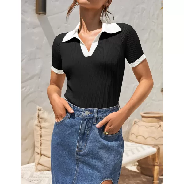 imageZESICA Womens Short Sleeve V Neck T Shirts 2024 Summer Ribbed Knit Slim Fitted Basic Solid Color Tee TopsDim