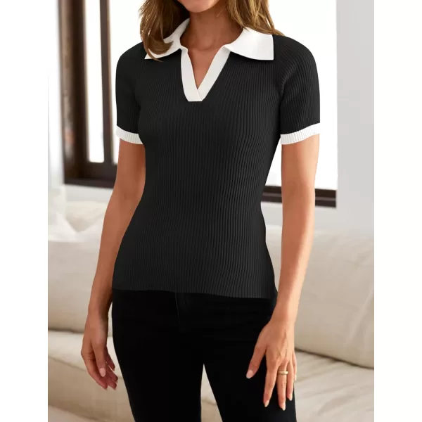 imageZESICA Womens Short Sleeve V Neck T Shirts 2024 Summer Ribbed Knit Slim Fitted Basic Solid Color Tee TopsDim