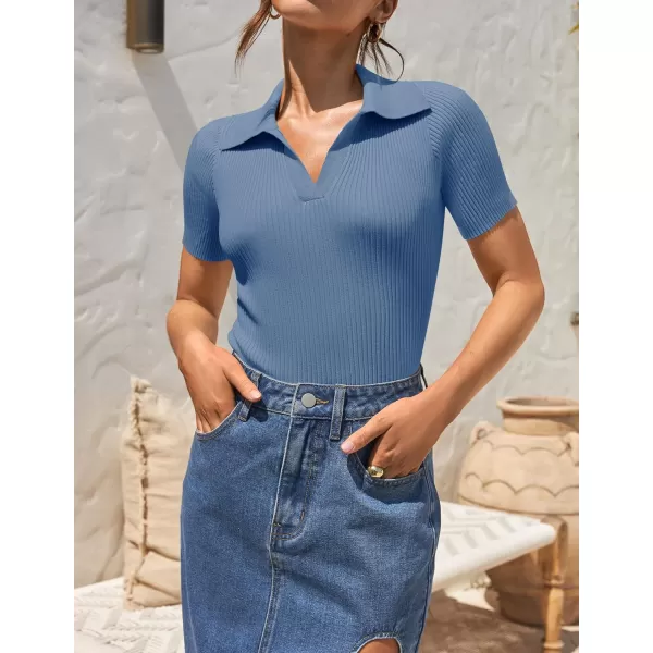 imageZESICA Womens Short Sleeve V Neck T Shirts 2024 Summer Ribbed Knit Slim Fitted Basic Solid Color Tee TopsDustyblue