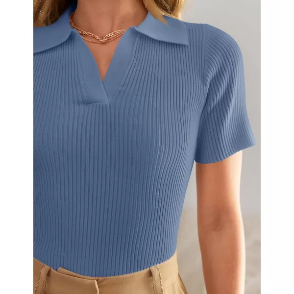 imageZESICA Womens Short Sleeve V Neck T Shirts 2024 Summer Ribbed Knit Slim Fitted Basic Solid Color Tee TopsDustyblue