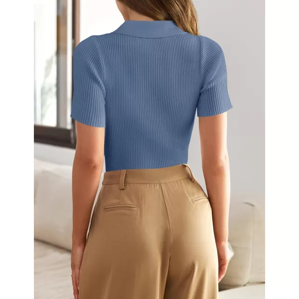 imageZESICA Womens Short Sleeve V Neck T Shirts 2024 Summer Ribbed Knit Slim Fitted Basic Solid Color Tee TopsDustyblue