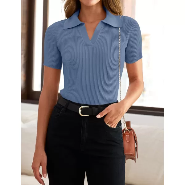 imageZESICA Womens Short Sleeve V Neck T Shirts 2024 Summer Ribbed Knit Slim Fitted Basic Solid Color Tee TopsDustyblue