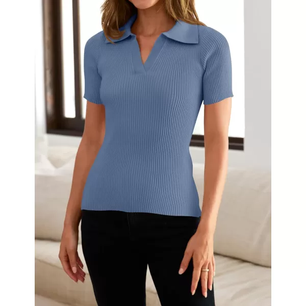 imageZESICA Womens Short Sleeve V Neck T Shirts 2024 Summer Ribbed Knit Slim Fitted Basic Solid Color Tee TopsDustyblue