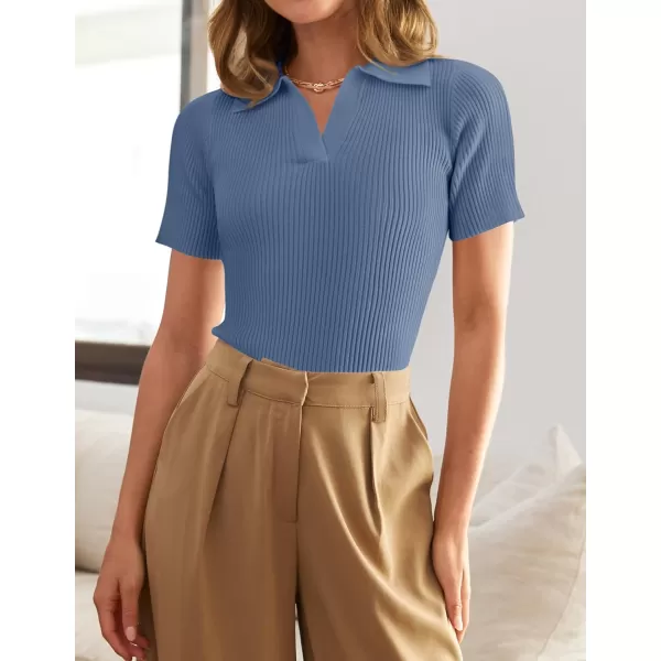 imageZESICA Womens Short Sleeve V Neck T Shirts 2024 Summer Ribbed Knit Slim Fitted Basic Solid Color Tee TopsDustyblue