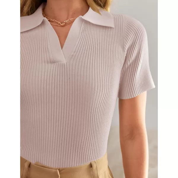 imageZESICA Womens Short Sleeve V Neck T Shirts 2024 Summer Ribbed Knit Slim Fitted Basic Solid Color Tee TopsDustypink
