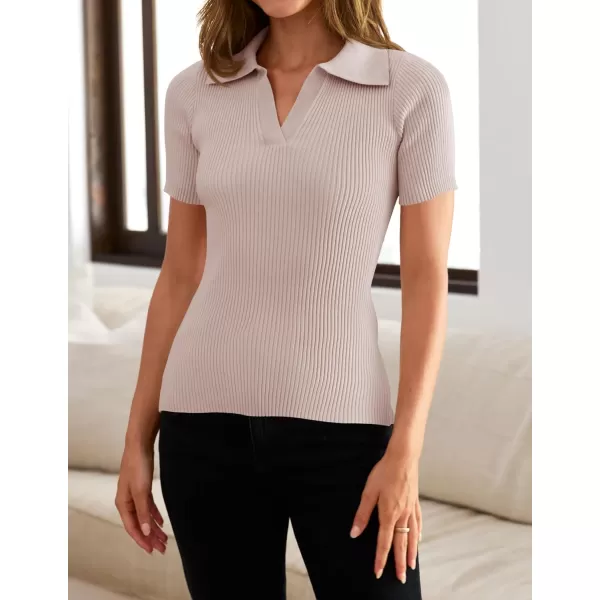 imageZESICA Womens Short Sleeve V Neck T Shirts 2024 Summer Ribbed Knit Slim Fitted Basic Solid Color Tee TopsDustypink