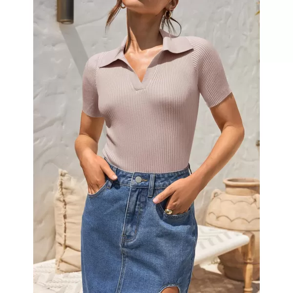 imageZESICA Womens Short Sleeve V Neck T Shirts 2024 Summer Ribbed Knit Slim Fitted Basic Solid Color Tee TopsDustypink