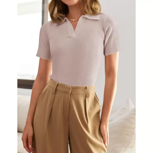 imageZESICA Womens Short Sleeve V Neck T Shirts 2024 Summer Ribbed Knit Slim Fitted Basic Solid Color Tee TopsDustypink