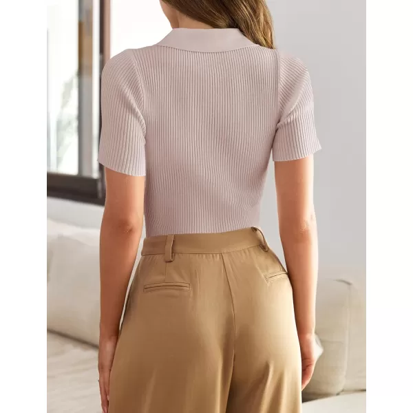 imageZESICA Womens Short Sleeve V Neck T Shirts 2024 Summer Ribbed Knit Slim Fitted Basic Solid Color Tee TopsDustypink