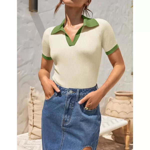 imageZESICA Womens Short Sleeve V Neck T Shirts 2024 Summer Ribbed Knit Slim Fitted Basic Solid Color Tee TopsIvory