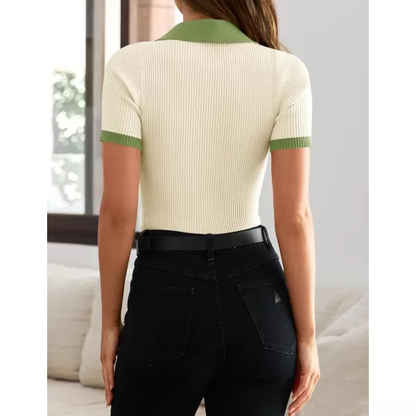 imageZESICA Womens Short Sleeve V Neck T Shirts 2024 Summer Ribbed Knit Slim Fitted Basic Solid Color Tee TopsIvory