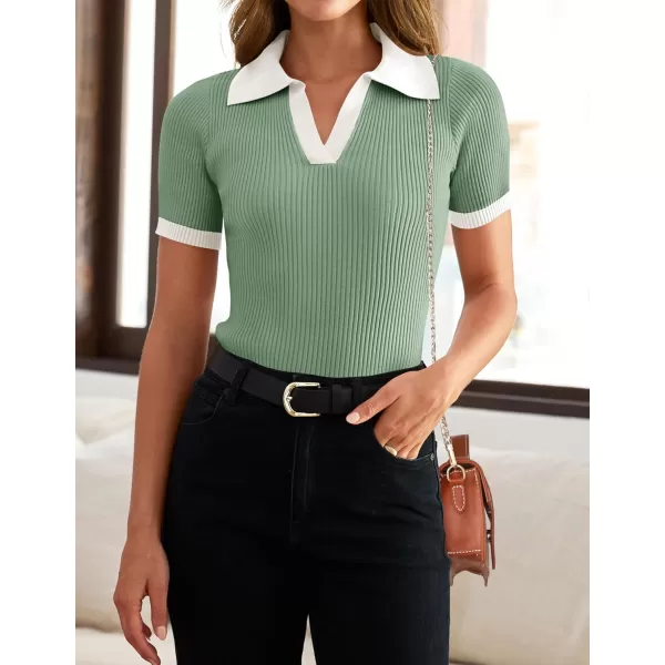 imageZESICA Womens Short Sleeve V Neck T Shirts 2024 Summer Ribbed Knit Slim Fitted Basic Solid Color Tee TopsLight Green