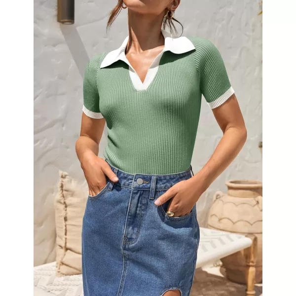 imageZESICA Womens Short Sleeve V Neck T Shirts 2024 Summer Ribbed Knit Slim Fitted Basic Solid Color Tee TopsLight Green