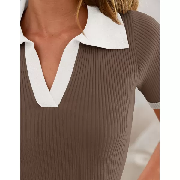 imageZESICA Womens Short Sleeve V Neck T Shirts 2024 Summer Ribbed Knit Slim Fitted Basic Solid Color Tee TopsMocha