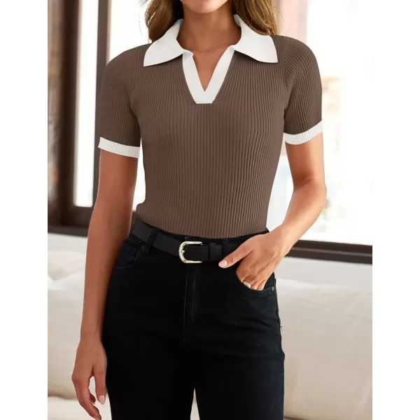 imageZESICA Womens Short Sleeve V Neck T Shirts 2024 Summer Ribbed Knit Slim Fitted Basic Solid Color Tee TopsMocha