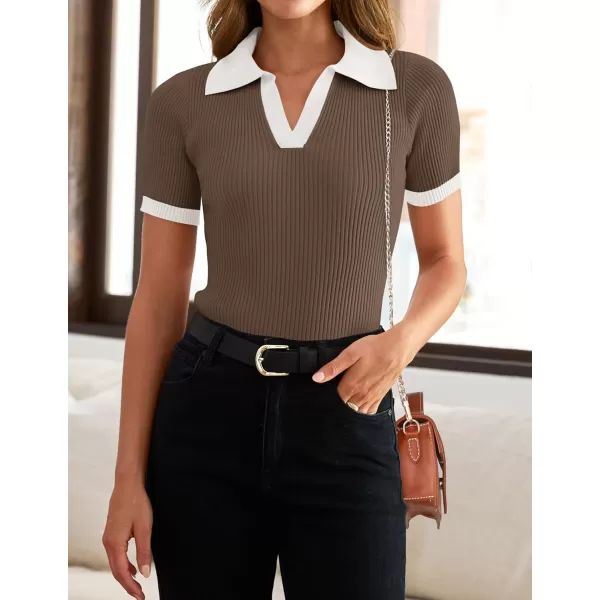 imageZESICA Womens Short Sleeve V Neck T Shirts 2024 Summer Ribbed Knit Slim Fitted Basic Solid Color Tee TopsMocha