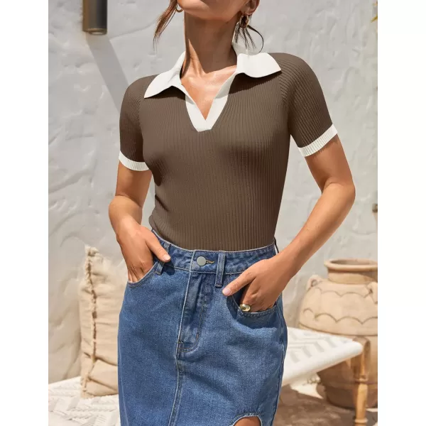 imageZESICA Womens Short Sleeve V Neck T Shirts 2024 Summer Ribbed Knit Slim Fitted Basic Solid Color Tee TopsMocha
