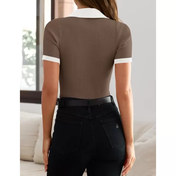 imageZESICA Womens Short Sleeve V Neck T Shirts 2024 Summer Ribbed Knit Slim Fitted Basic Solid Color Tee TopsMocha