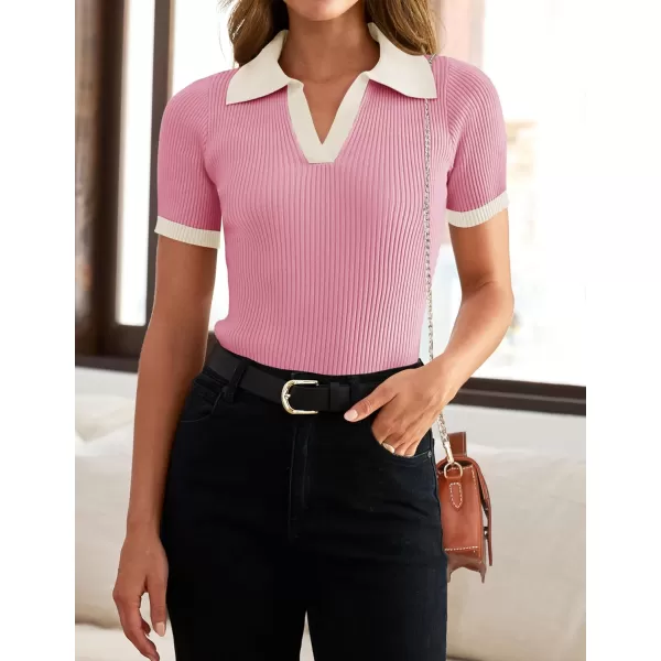 imageZESICA Womens Short Sleeve V Neck T Shirts 2024 Summer Ribbed Knit Slim Fitted Basic Solid Color Tee TopsPink