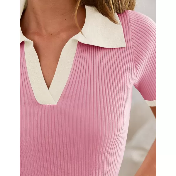 imageZESICA Womens Short Sleeve V Neck T Shirts 2024 Summer Ribbed Knit Slim Fitted Basic Solid Color Tee TopsPink