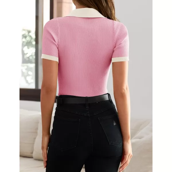 imageZESICA Womens Short Sleeve V Neck T Shirts 2024 Summer Ribbed Knit Slim Fitted Basic Solid Color Tee TopsPink