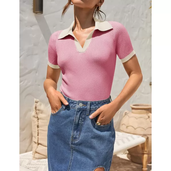 imageZESICA Womens Short Sleeve V Neck T Shirts 2024 Summer Ribbed Knit Slim Fitted Basic Solid Color Tee TopsPink