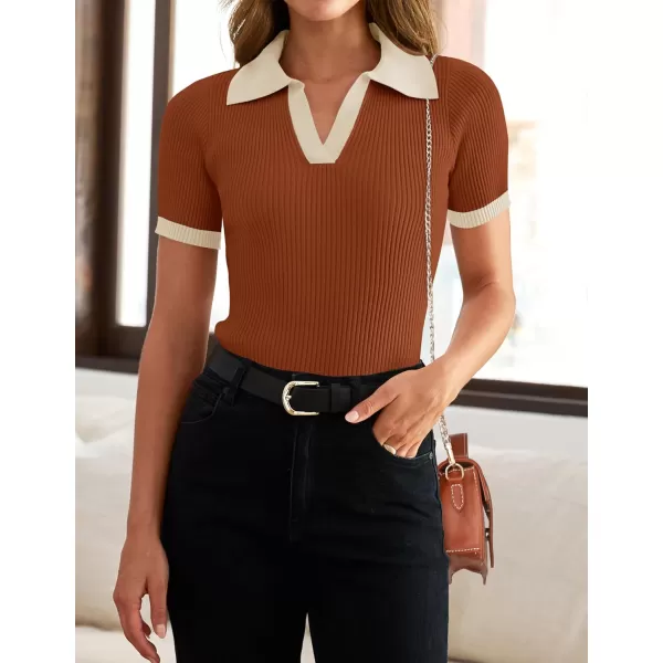 imageZESICA Womens Short Sleeve V Neck T Shirts 2024 Summer Ribbed Knit Slim Fitted Basic Solid Color Tee TopsRust