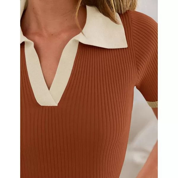 imageZESICA Womens Short Sleeve V Neck T Shirts 2024 Summer Ribbed Knit Slim Fitted Basic Solid Color Tee TopsRust