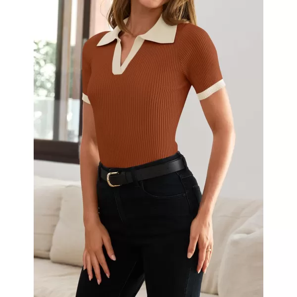 imageZESICA Womens Short Sleeve V Neck T Shirts 2024 Summer Ribbed Knit Slim Fitted Basic Solid Color Tee TopsRust