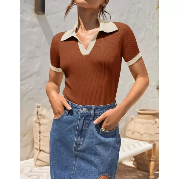 imageZESICA Womens Short Sleeve V Neck T Shirts 2024 Summer Ribbed Knit Slim Fitted Basic Solid Color Tee TopsRust